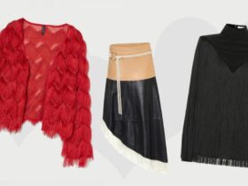 v.l.n.r.: roter Cardigan mit Fransen von H&M, Midirock "Amelia" aus Leder von Stand Studio, Top aus Seide mit Fransen von Givenchy