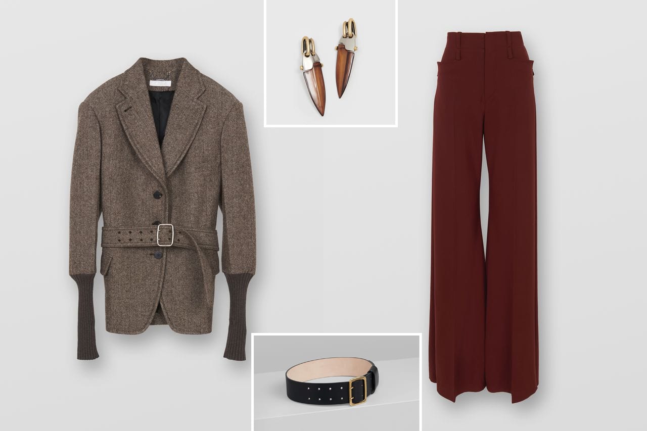 Look von Chloé: Weit geschnittene Wolljacke, Flint Ohrringe, breiter Franchie Gürtel, hochgeschnittene Hose mit Schlag
