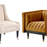 Links: Lauren Lounge Chair Limestone, rechts: Metz Armchair Camel Cutout, Fotos: MY Furniture