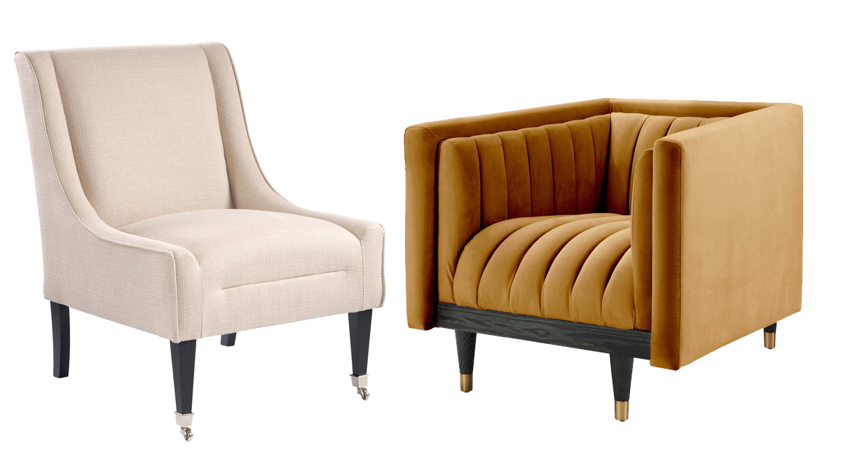 Links: Lauren Lounge Chair Limestone, rechts: Metz Armchair Camel Cutout, Fotos: MY Furniture