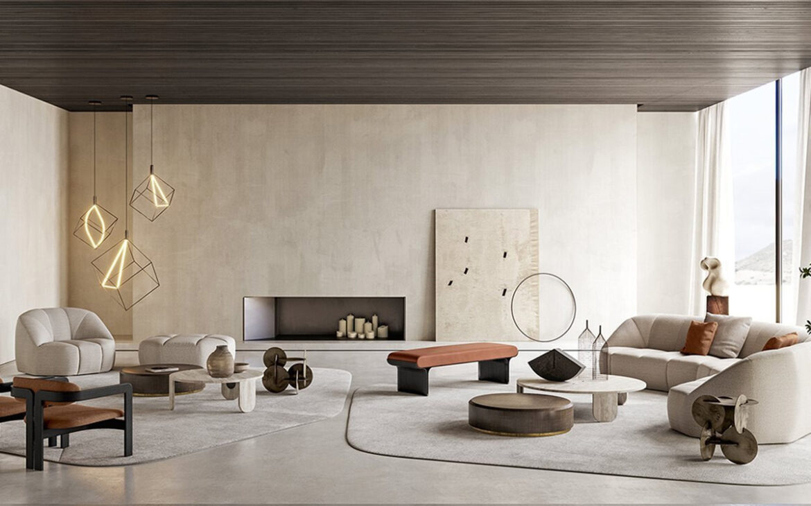 Ein skulpturaler Raum von Gallotti&Radice, in dem organische Formen und edle Materialien in einer minimalistischen Atmosphäre koexistieren. Dieses im Maison Territo ausgestellte Wohnzimmer verkörpert das Beste an zeitgenössischer, italienischer Eleganz. Foto: Gallotti&Radice